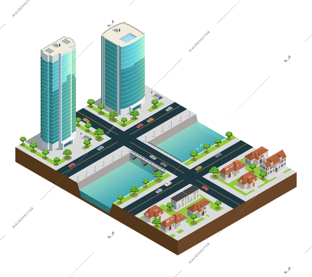 Isometric cityscape composition with modern skyscrapers suburban houses near canal on white background vector illustration