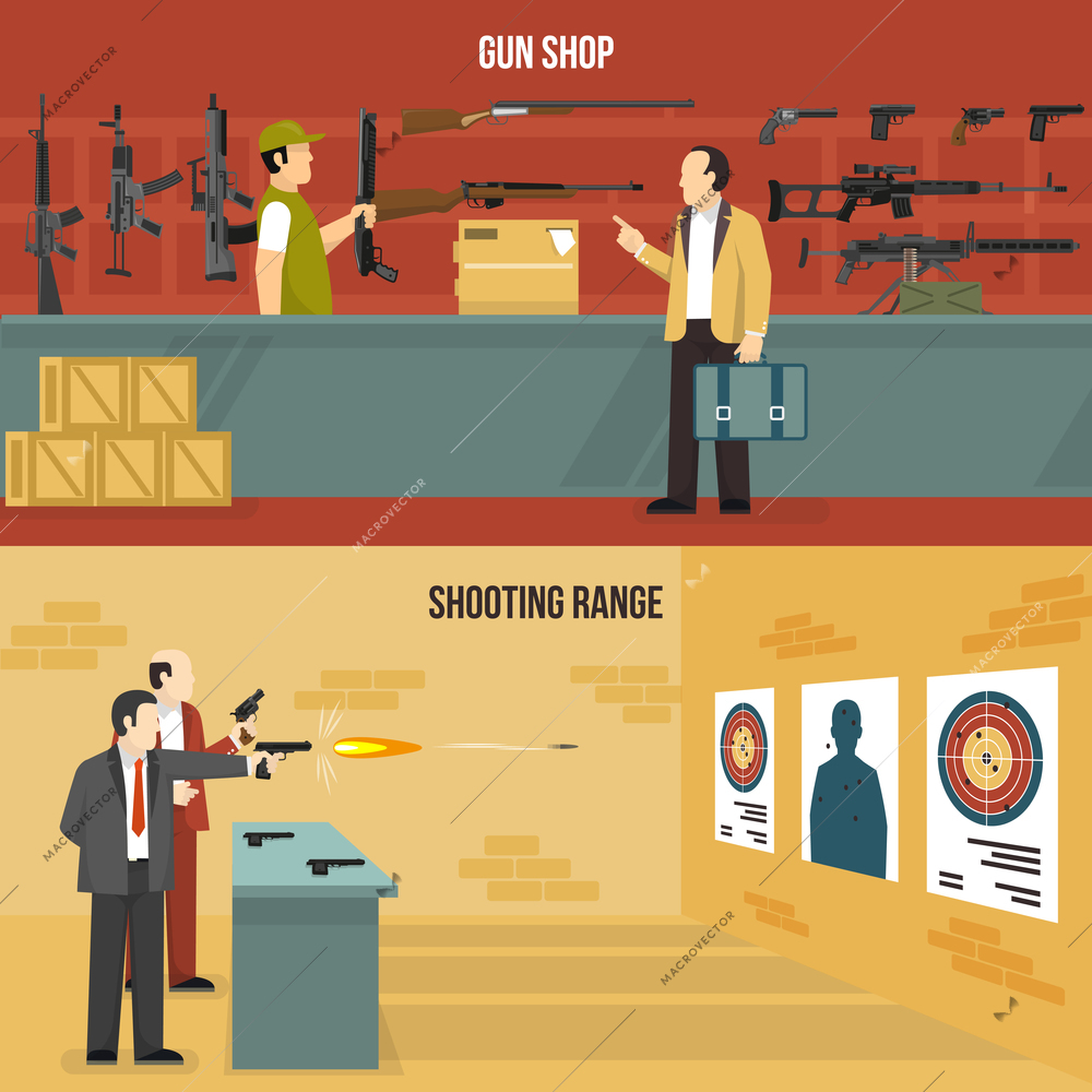 Two horizontal flat weapon banners with men choosing a gun and shooting at charges isolated vector illustration