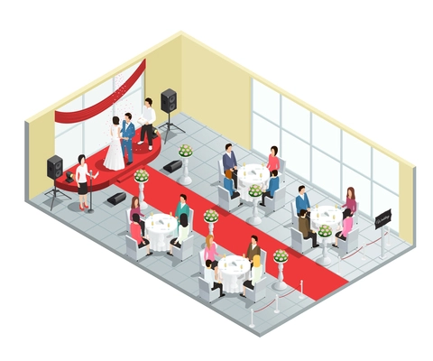 Wedding ceremony in restaurant isometric composition vector illustration