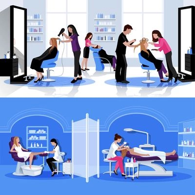 Beauty salon colorful composition with haircut styling pedicure cosmetology in flat style vector illustration