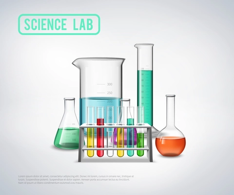 Science lab symbols composition with realistic colorful jars bottles test tubes flat isolated vector illustration