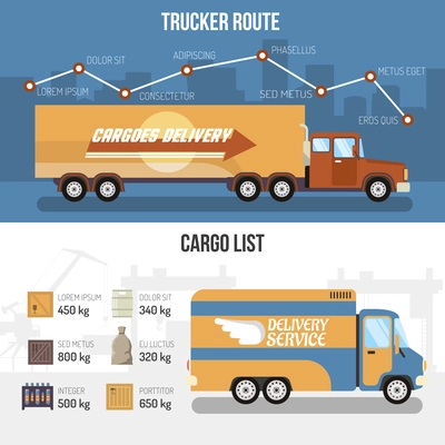 Flat horizontal delivery trucks banners presenting trucker route and cargo list isolated vector illustration