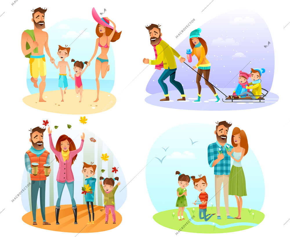 Happy family spending good time in different seasons isolated on white background cartoon vector illustration