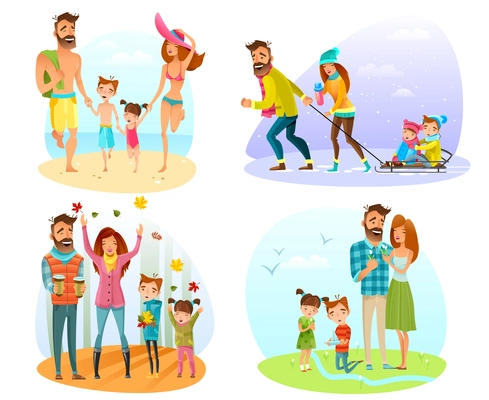 Happy family spending good time in different seasons isolated on white background cartoon vector illustration