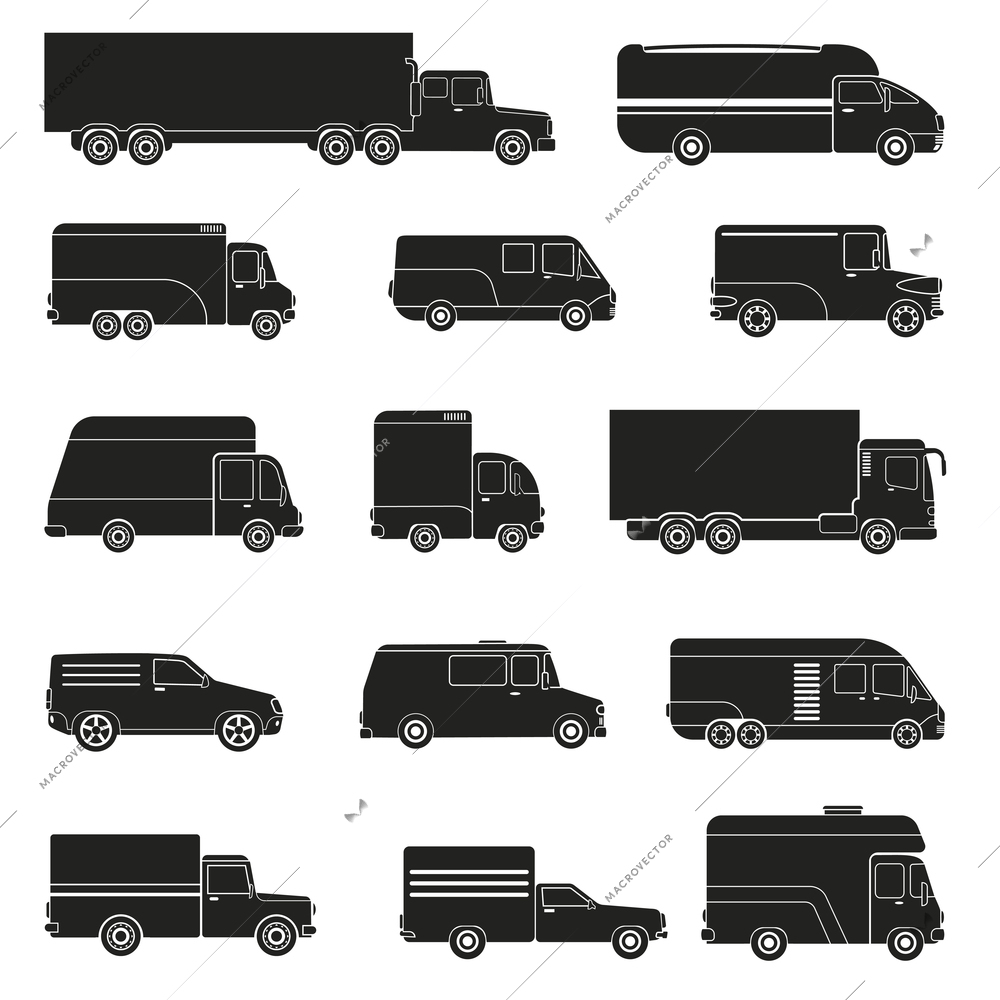 Flat design monochrome set of big and small delivery trucks isolated on white background vector illustration