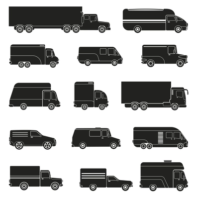 Flat design monochrome set of big and small delivery trucks isolated on white background vector illustration