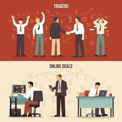 Horizontal trading finance banners with traders making agreements and online deals flat isolated vector illustration