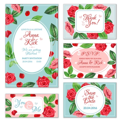 Colorful romantic banners and invitation cards with red and pink roses isolated on white background flat vector illustration