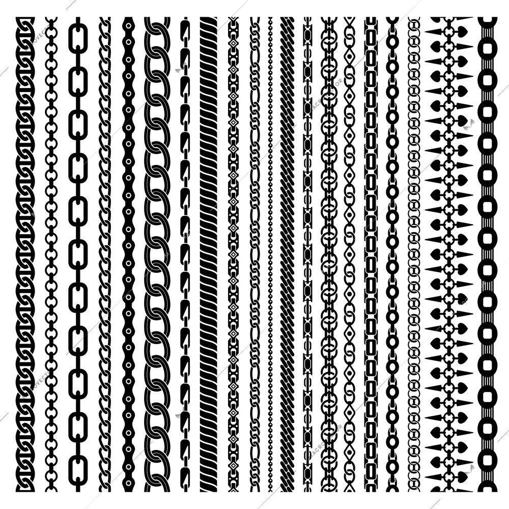 Black vertical chains set of different shapes ornament and thickness on white background isolated vector illustration