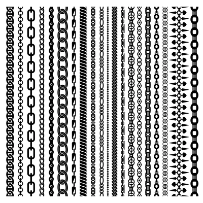 Black vertical chains set of different shapes ornament and thickness on white background isolated vector illustration