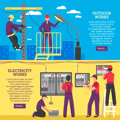 Electrical works horizontal banners with people working on power line support and pole flat vector illustration