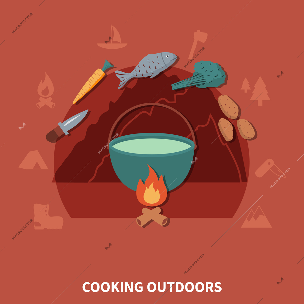 Hiking equipment and food products for  cooking outdoors and  elements vector illustration