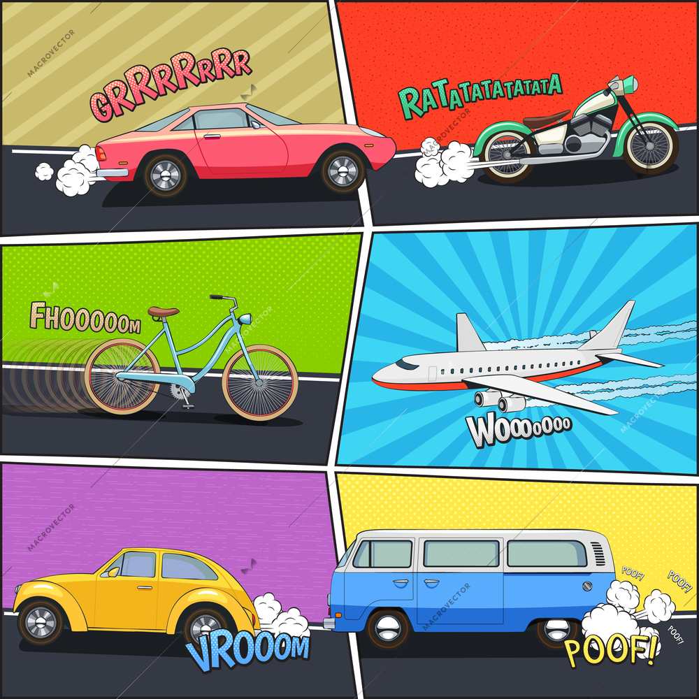 Moving car bicycle motorcycle van and airplane in comic frames with colorful background flat vector illustration