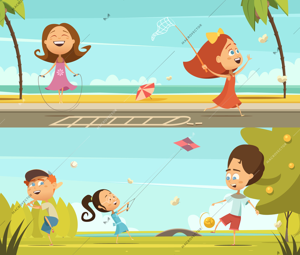 Playing kids horizontal banners set with outdoor activities symbols cartoon isolated vector illustration