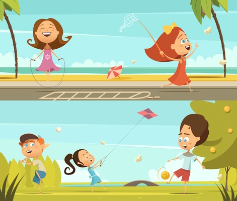 Playing kids horizontal banners set with outdoor activities symbols cartoon isolated vector illustration