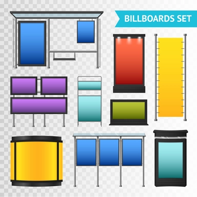 Colorful promotional billboards set with various displays and boxes isolated on transparent background vector illustration