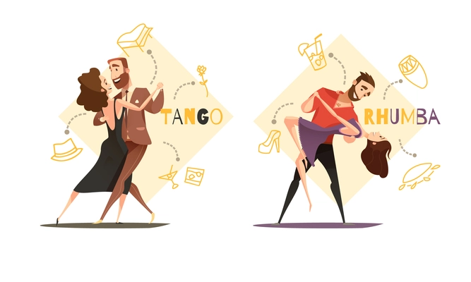 Dancing tango and rhumba couples 2 retro cartoon templates with web style accessories icons isolated vector illustration