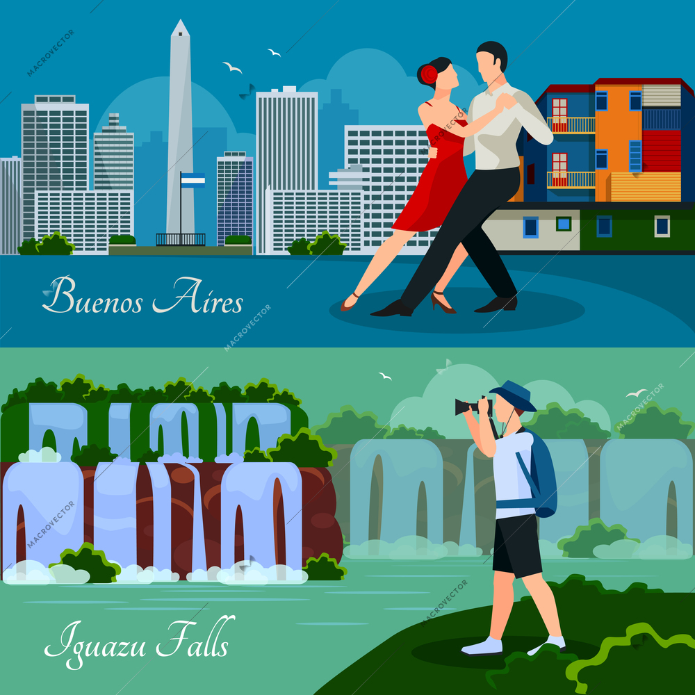 Argentina culture landmarks and nature 2 flat horizontal banners with waterfalls cityscape and dancing couple isolated vector illustration