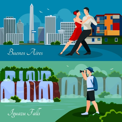 Argentina culture landmarks and nature 2 flat horizontal banners with waterfalls cityscape and dancing couple isolated vector illustration