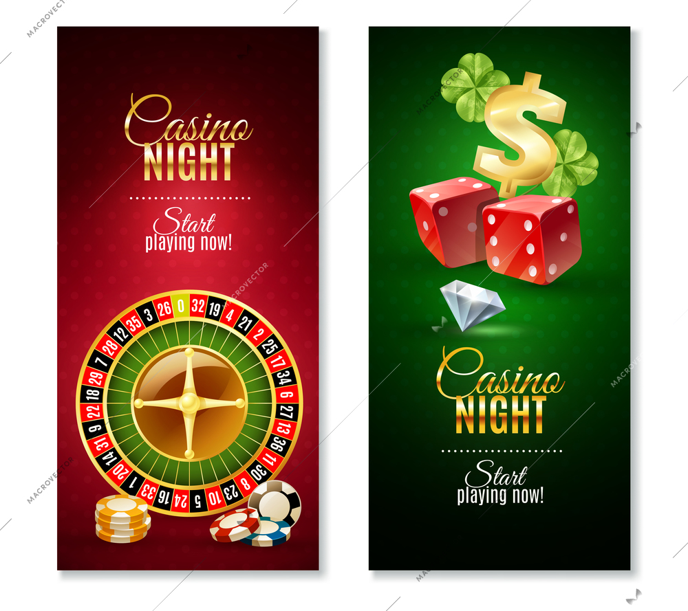 Casino night party games 2 colorful vertical bookmarks banners with roulette wheel  and luck symbol isolated vector illustration