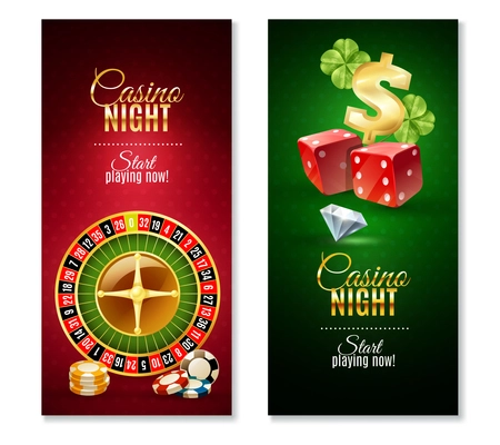 Casino night party games 2 colorful vertical bookmarks banners with roulette wheel  and luck symbol isolated vector illustration