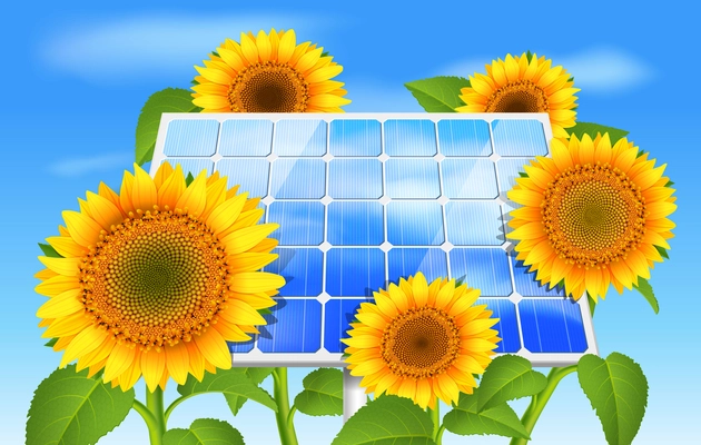 Green energy eco concept, solar panel, sunflowers and grass vector illustration
