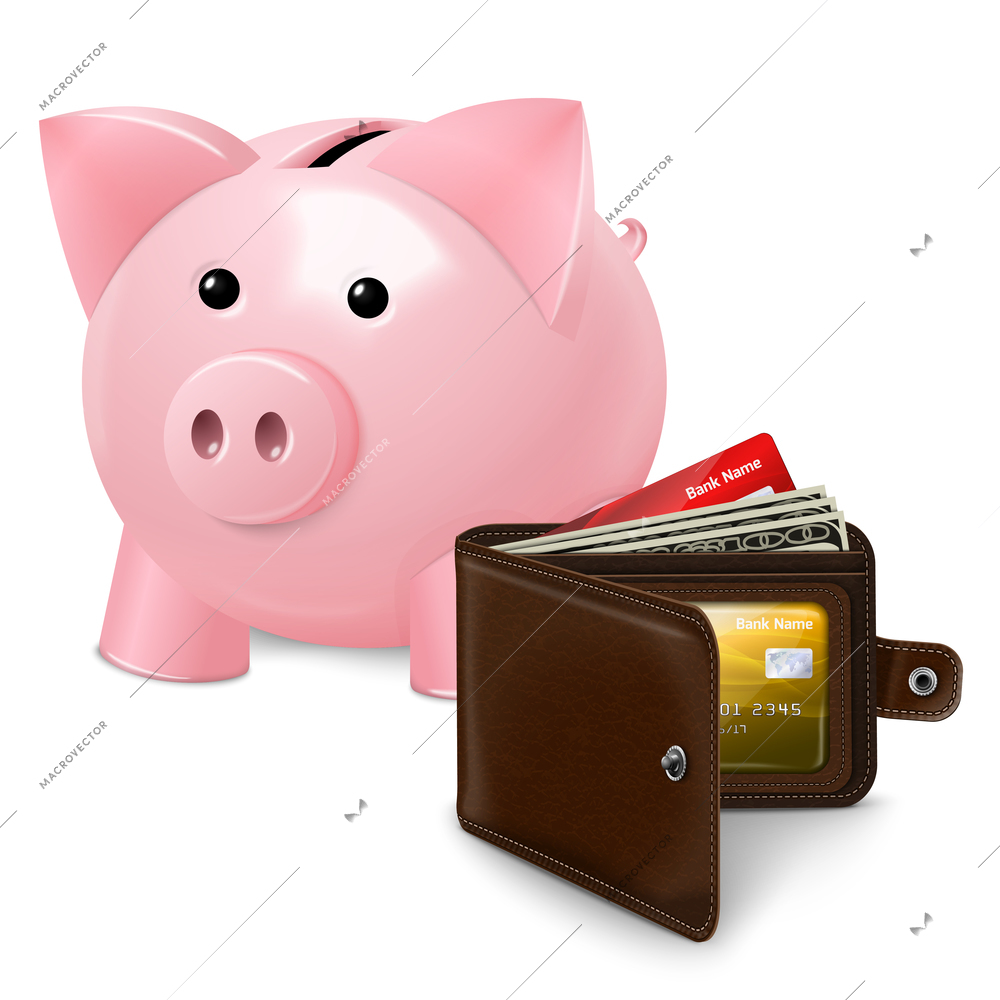 Piggy bank money box saving symbol with leather wallet money and credit card inside poster vector illustration.