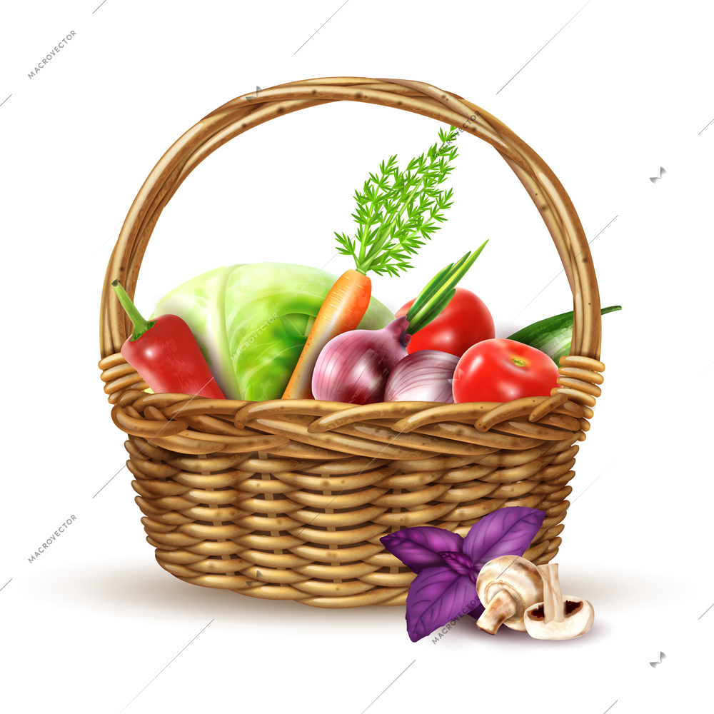 Round wicker basket with handle full with fresh farmers market vegetables realistic image shadow vector illustration