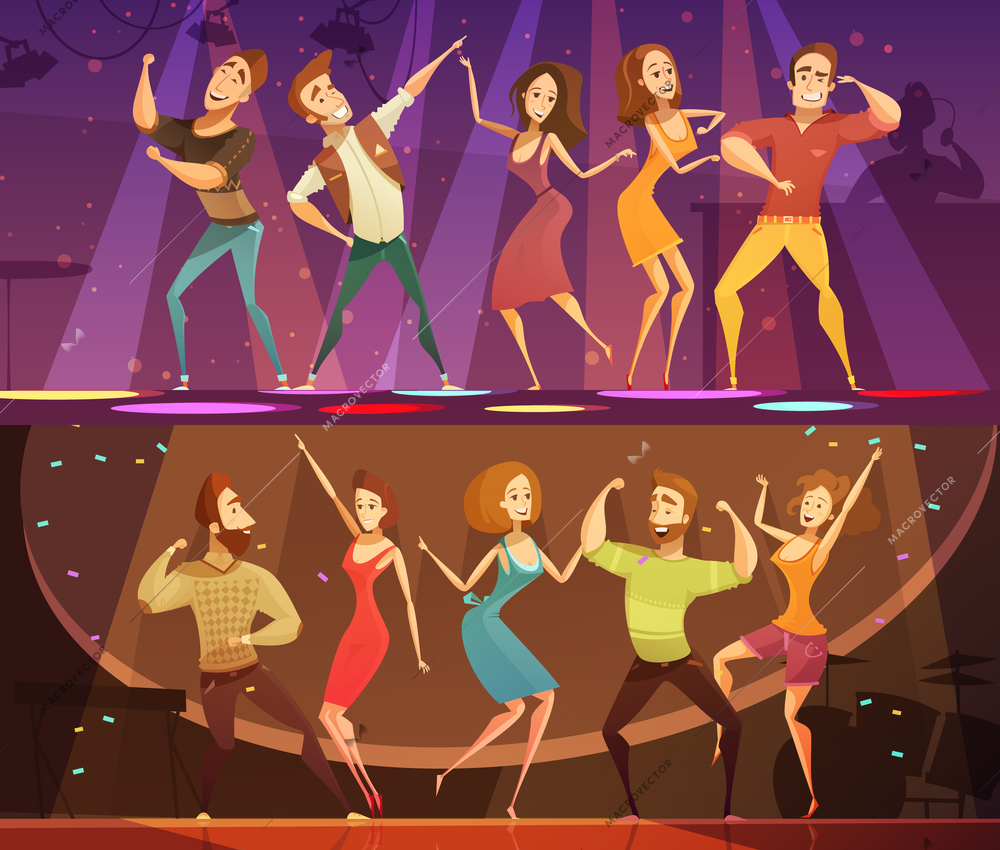 NIght club disco party free motion modern dancing 2 horizontal cartoon festive banners set isolated vector illustration