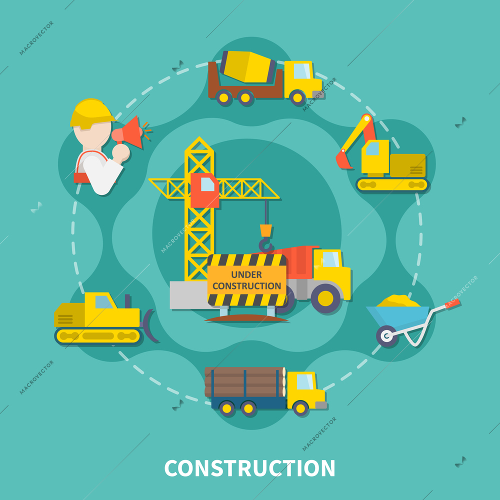 Building construction flat template with crane foreman timber concrete mixer excavator bulldozer wheelbarrow isolated vector illustration