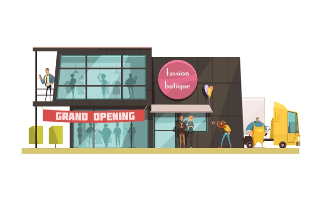 Fashion boutique building with grand opening symbols cartoon vector illustration