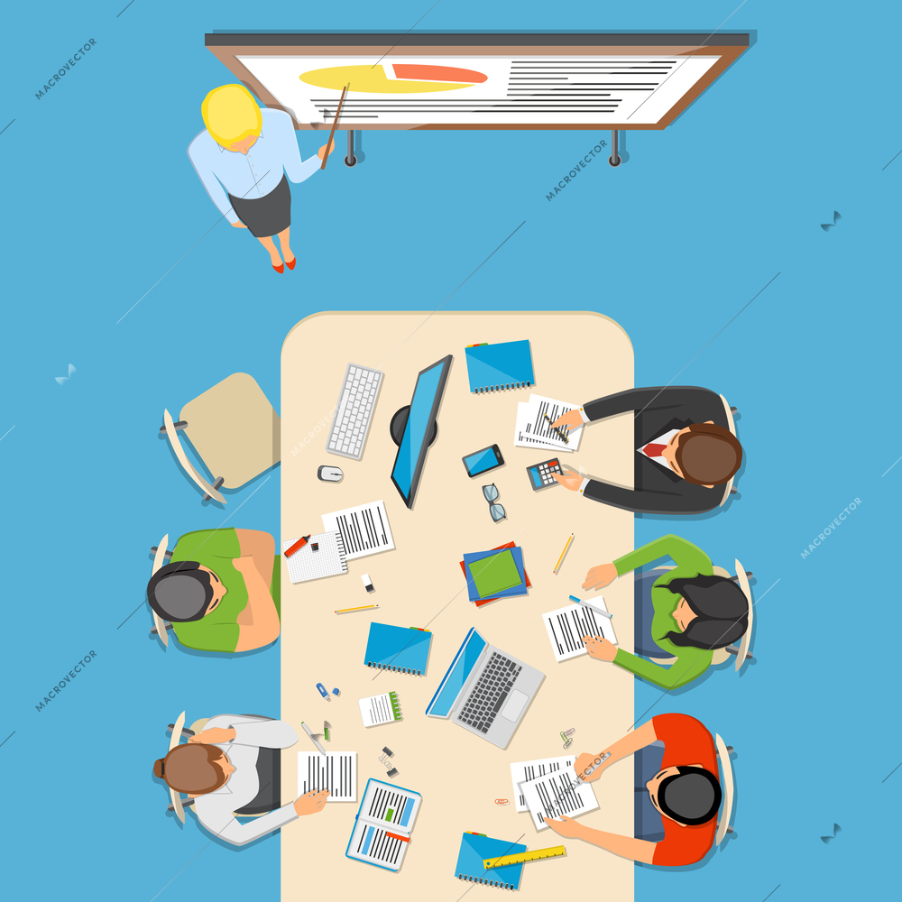 Professions top view composition with business people at conference in office interior flat vector illustration