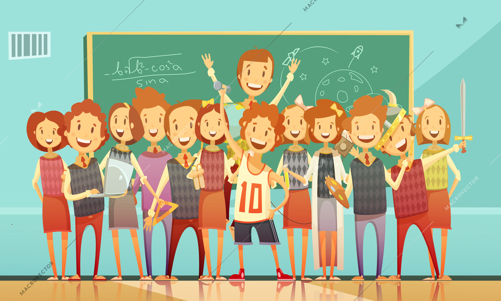 Classic school education classroom retro cartoon poster with standing smiling kids and chalkboard on background vector illustration