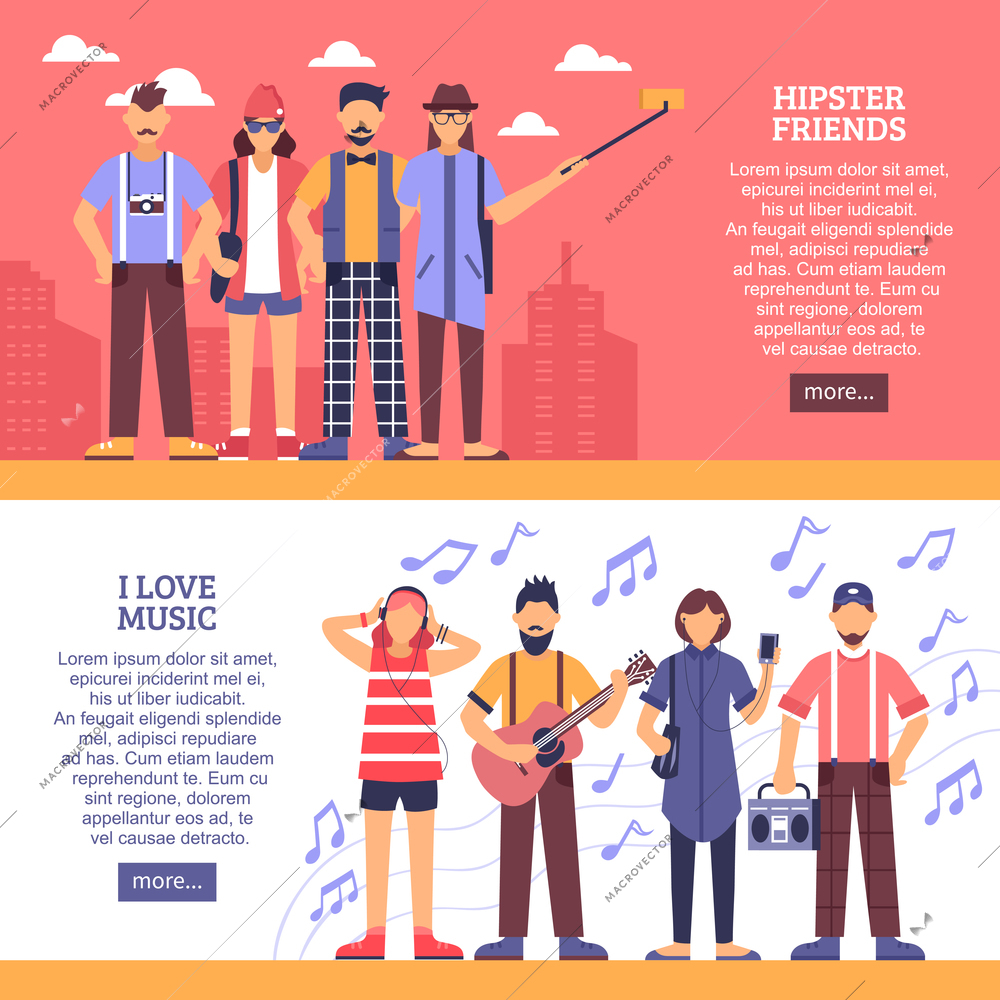 Hipster horizontal banners with group of young people with guitar radio cassette player headphones flat vector illustration