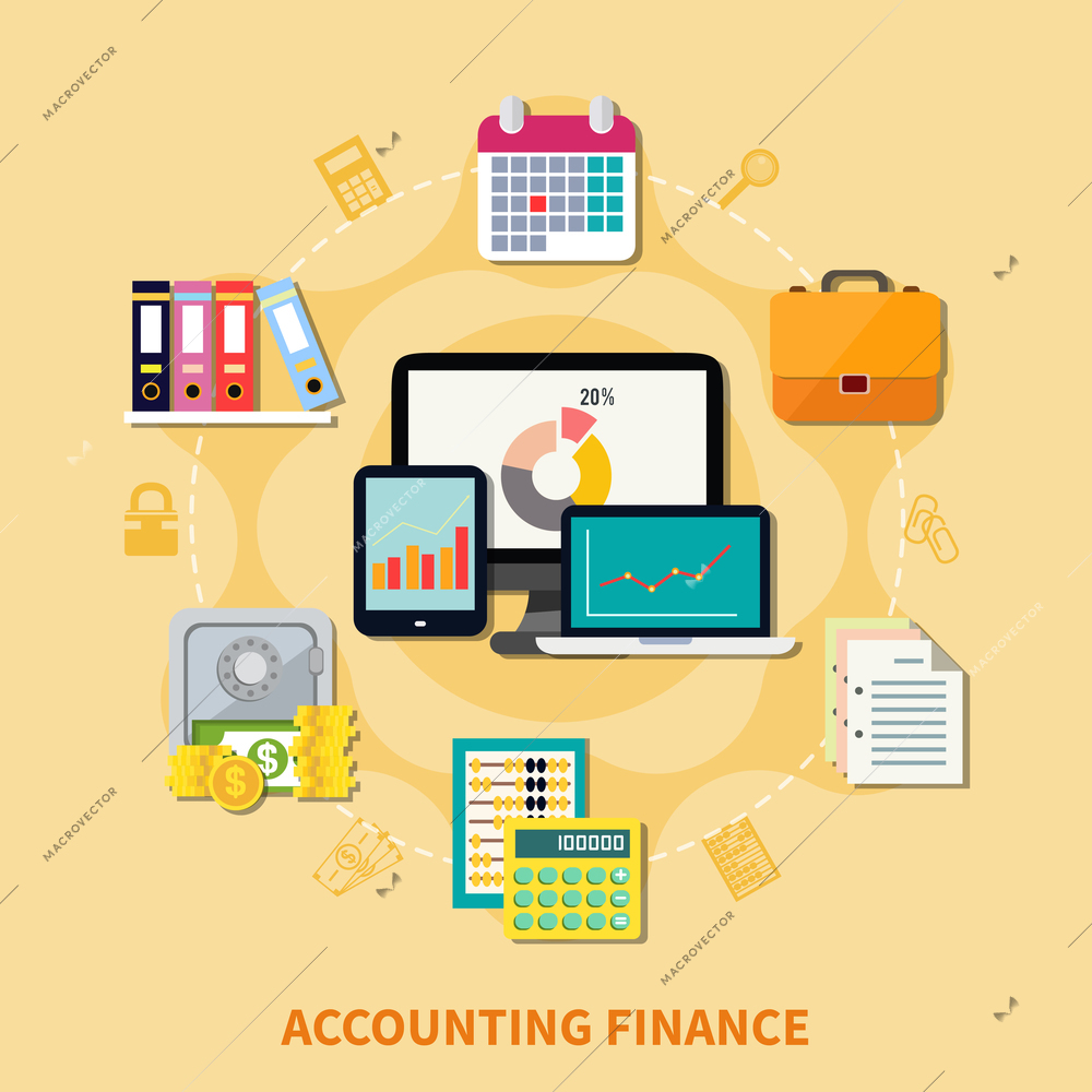 Collection of decorative icons for business and finance themes with set of modern gadgets and retro tools for accounting flat vector illustration