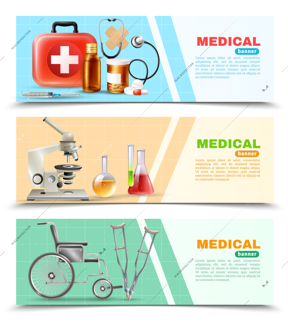 Healthcare online 3 medical horizontal banners set with lab electronic microscope wheelchair and crutches isolated  background vector illustration