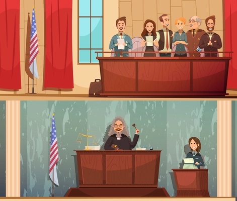 American law and justice 2 vintage cartoon horizontal banners with pronouncing sentence in courtroom isolated vector illustration