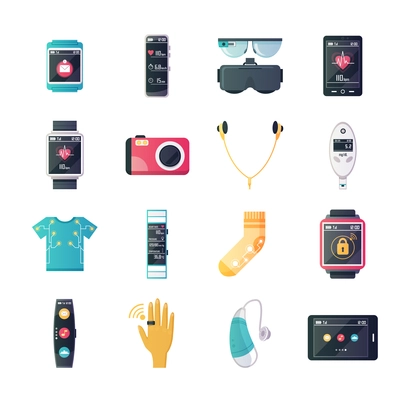 Wearable tech gadgets flat icons set with augmented reality glasses smartwatch and fitness tracker isolated vector illustration