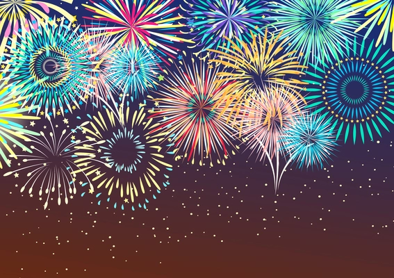 Festive colorful firework bursts in various abstract sparkling shapes at night sky  background flat vector illustration