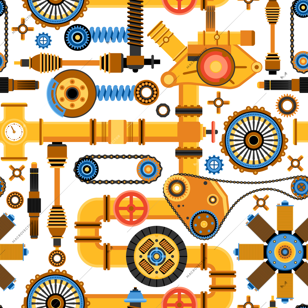 Machinery seamless pattern with various technical and industrial elements in flat style vector illustration