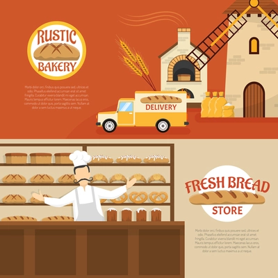 Flat design rustic bakery and fresh bread store horizontal banners isolated vector illustration