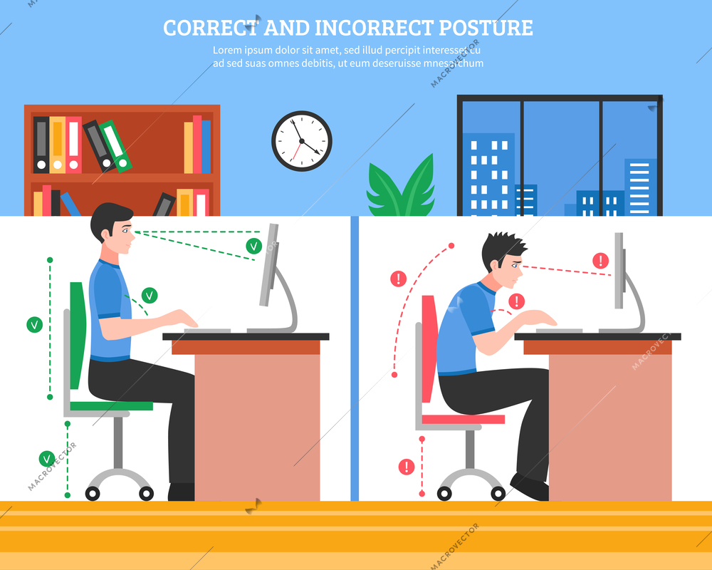 Young man demonstrating correct and incorrect sitting postures for healthy spine while working on computer flat vector illustration