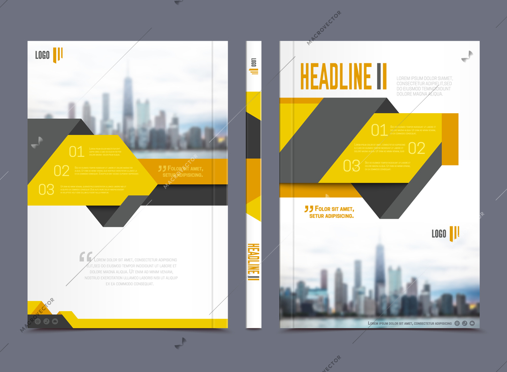 Annual report brochure design with headline on grey background flat isolated vector illustration