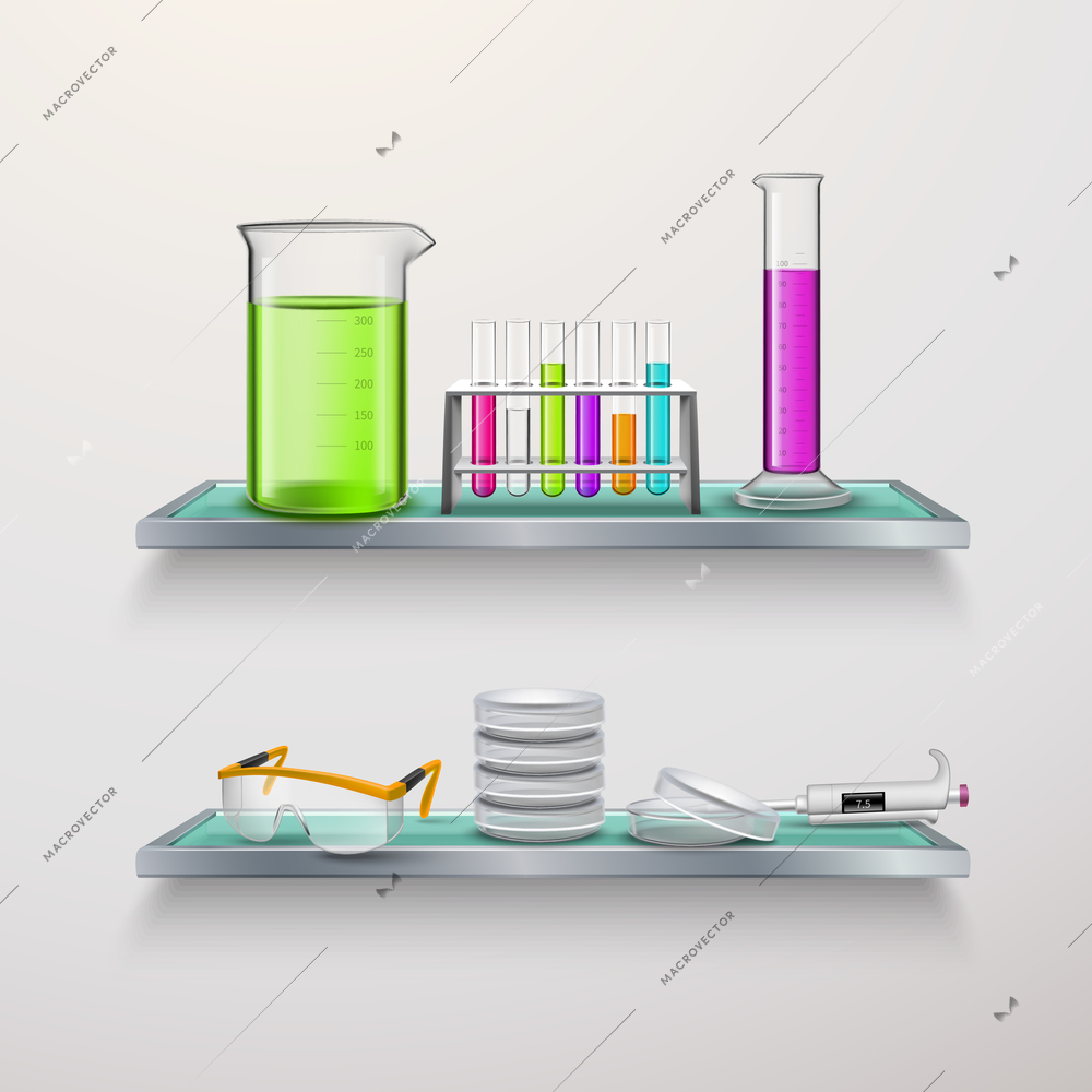 Colorful realistic chemical equipment for experiments on laboratory shelves composition with vessels tubes glases flat vector illustration