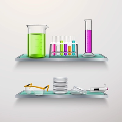 Colorful realistic chemical equipment for experiments on laboratory shelves composition with vessels tubes glases flat vector illustration