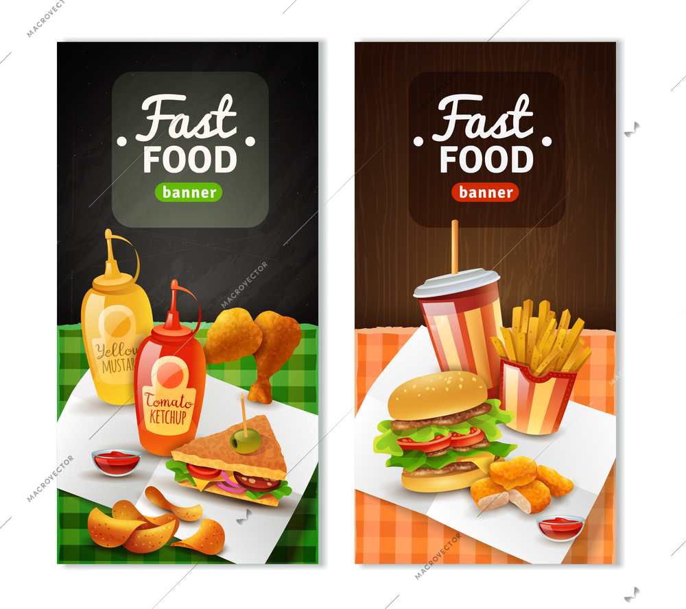 Fast food restaurant 2 colorful vertical banners with french fry sandwich chicken drums black background isolated vector illustration