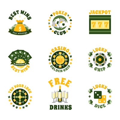 Casino colored badges stickers set with game roulette achievements victory award flat isolated vector illustration