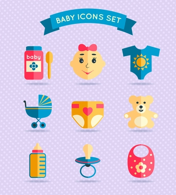 Decorative baby child icons set with food spoon cloth stroller diaper vector illustration.