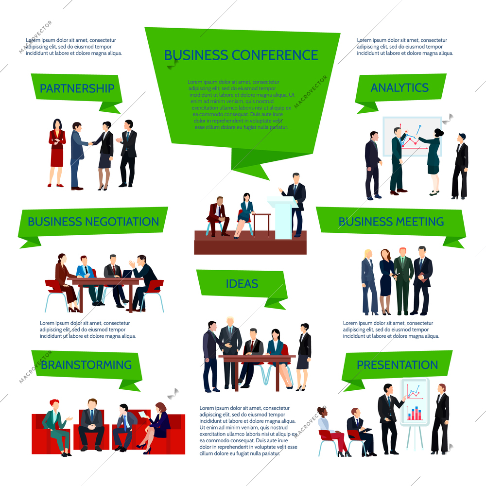 Business people group infographics at meeting conference briefing planning in flat style vector illustration