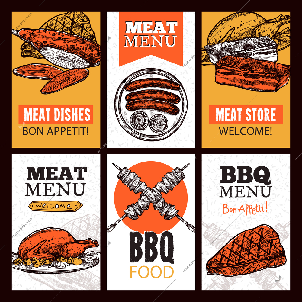 Meat dishes vertical banners with chicken roast beef barbecue steak sausages in sketch style vector illustration